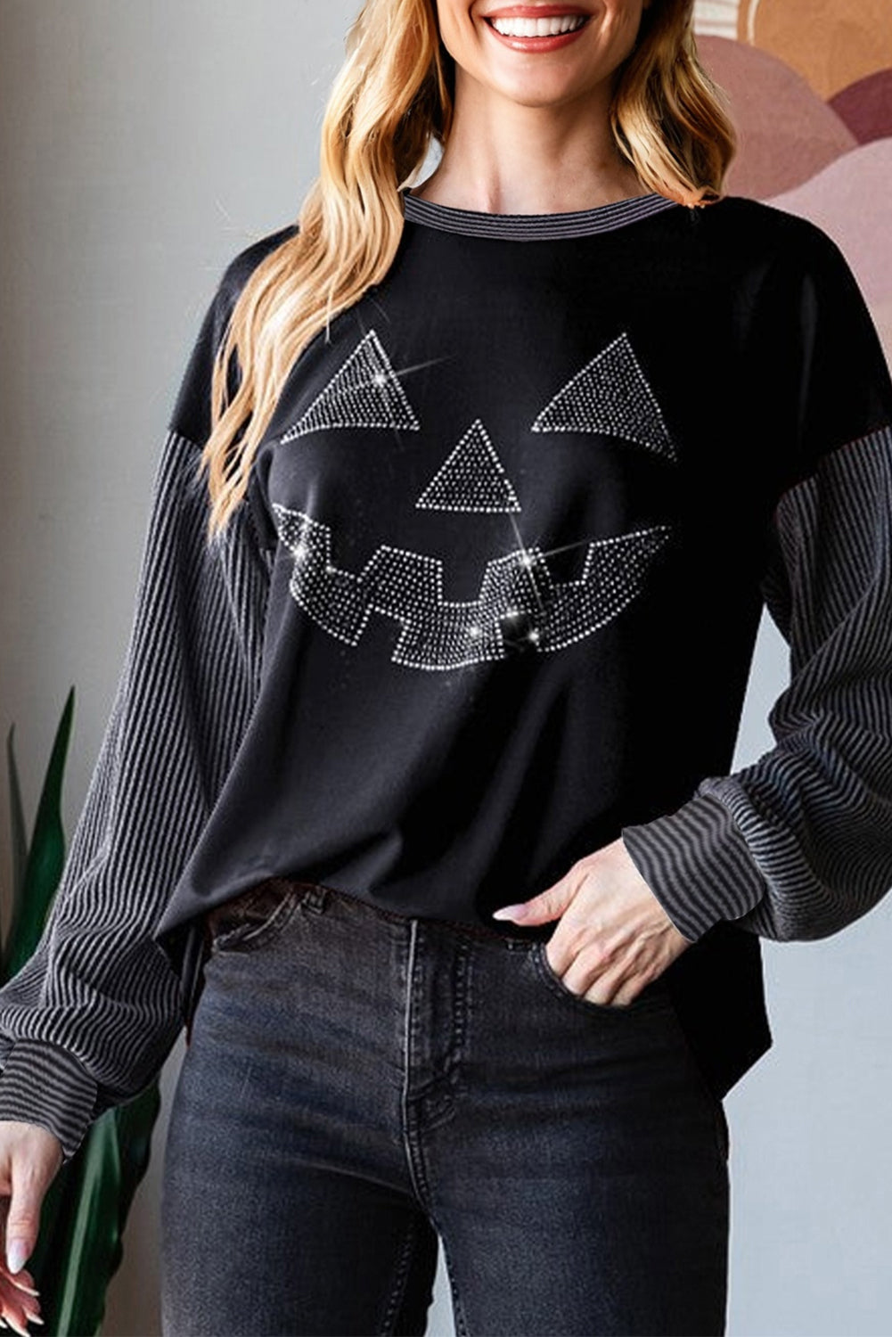 Black Halloween Rhinestone Pumpkin Face Contrast Ribbed Long Sleeve Patchwork Top