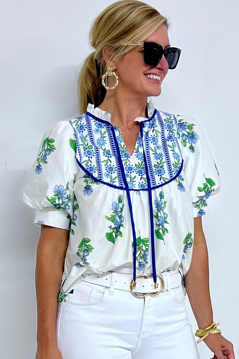 Beige Floral Print Piping Trim Tie Neck Short Sleeve Blouse