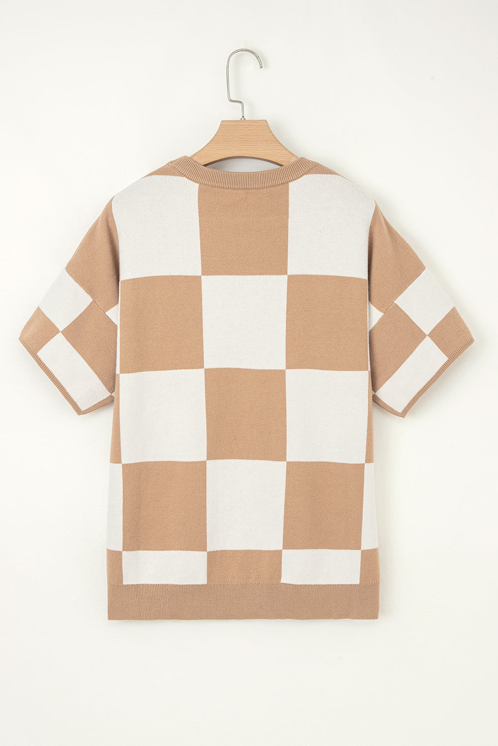 Light French Beige Checkered Pattern Loose Drop Shoulder Half Sleeve Sweater
