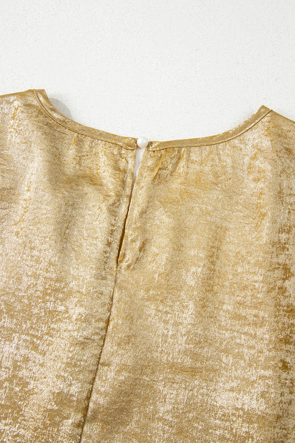 Gold Glossy Round Neck Pleated Detail Short Sleeve Blouse