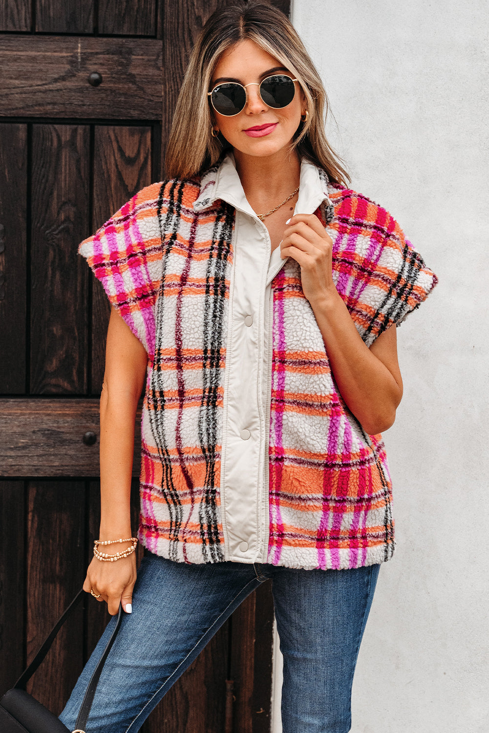 Rose Sherpa Plaid Jacket Vest