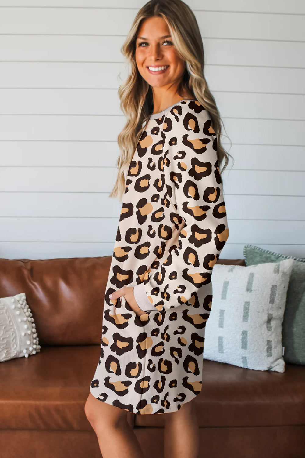 Khaki Leopard Long Sleeve Shift T Shirt Dress with Pockets