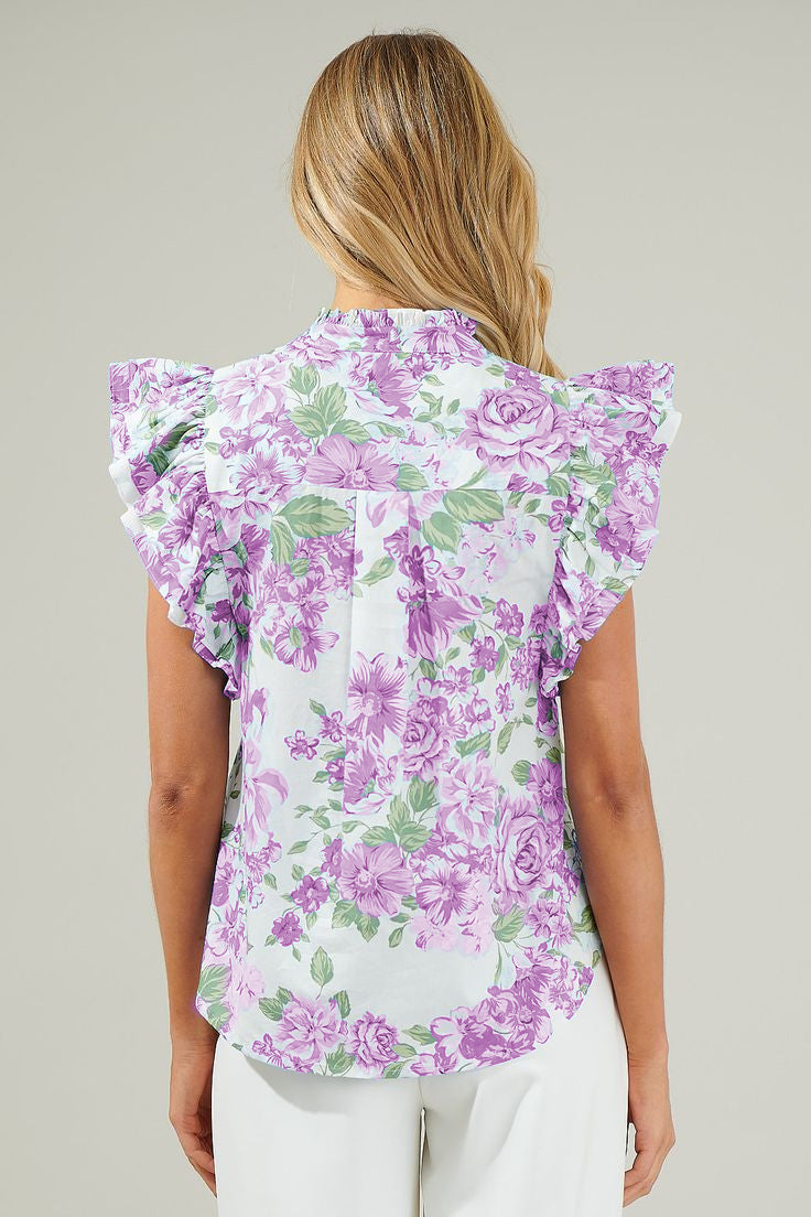 Purple Floral Print Ruffle Sleeve Frilly Button Up Shirt