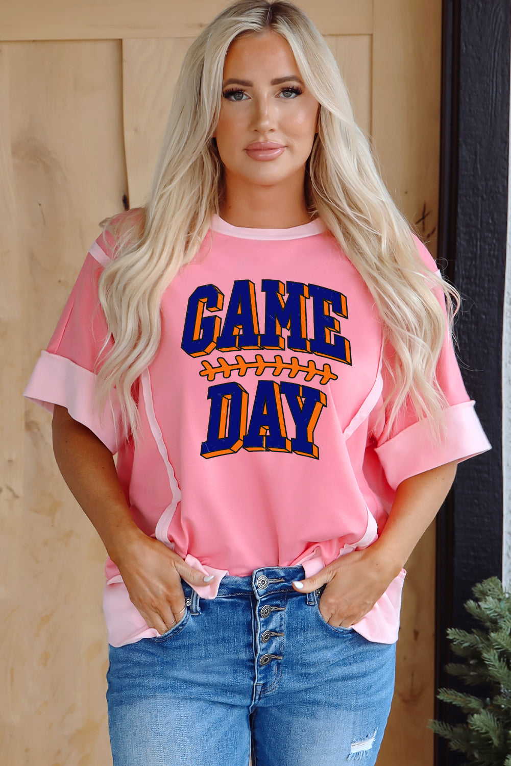 Peach Blossom Raw Seam Patchwork GAME DAY Letter Graphic Loose Tee