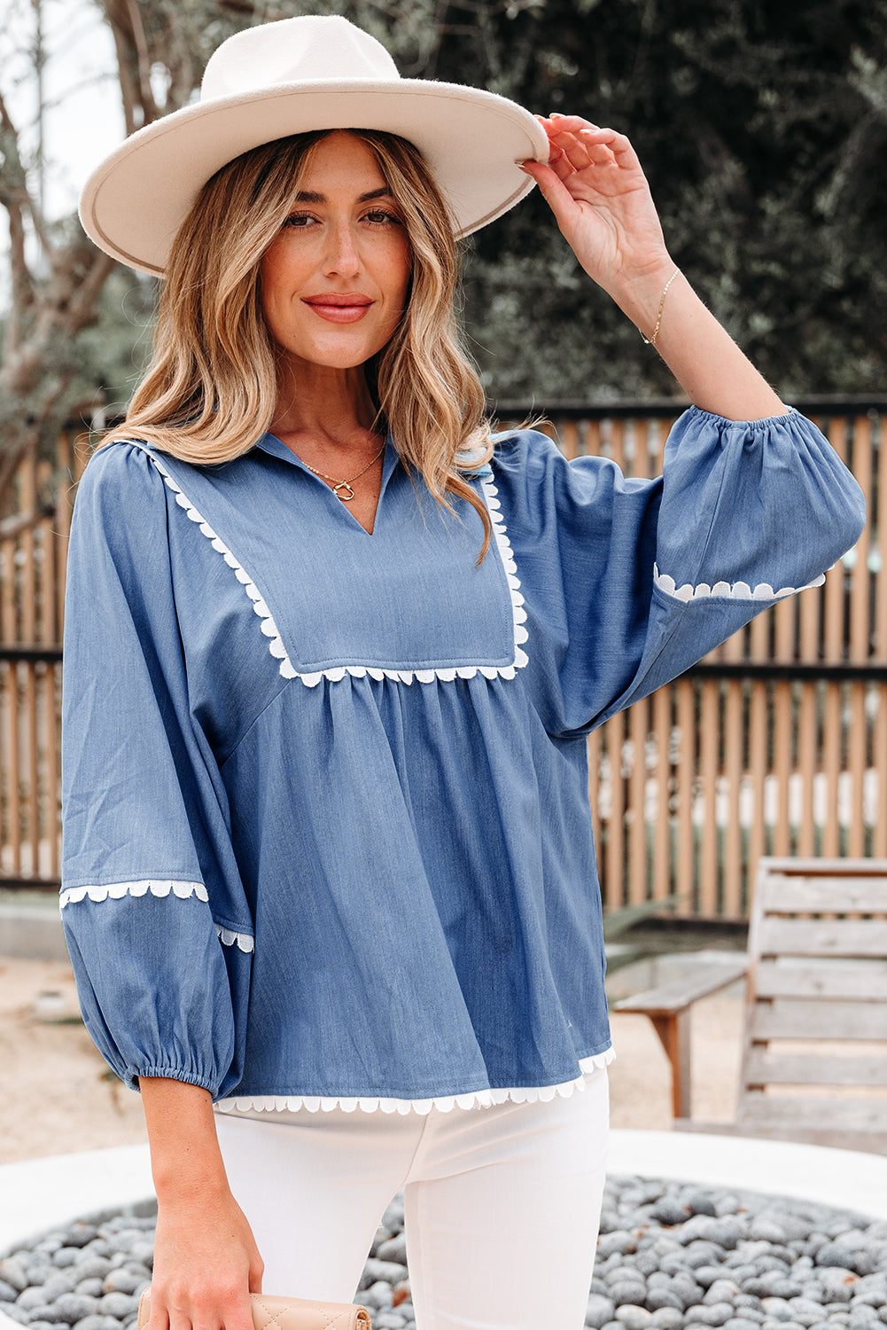 Dusk Blue Lace Ric Rac 3/4 Puff Sleeve Collared Babydoll Blouse