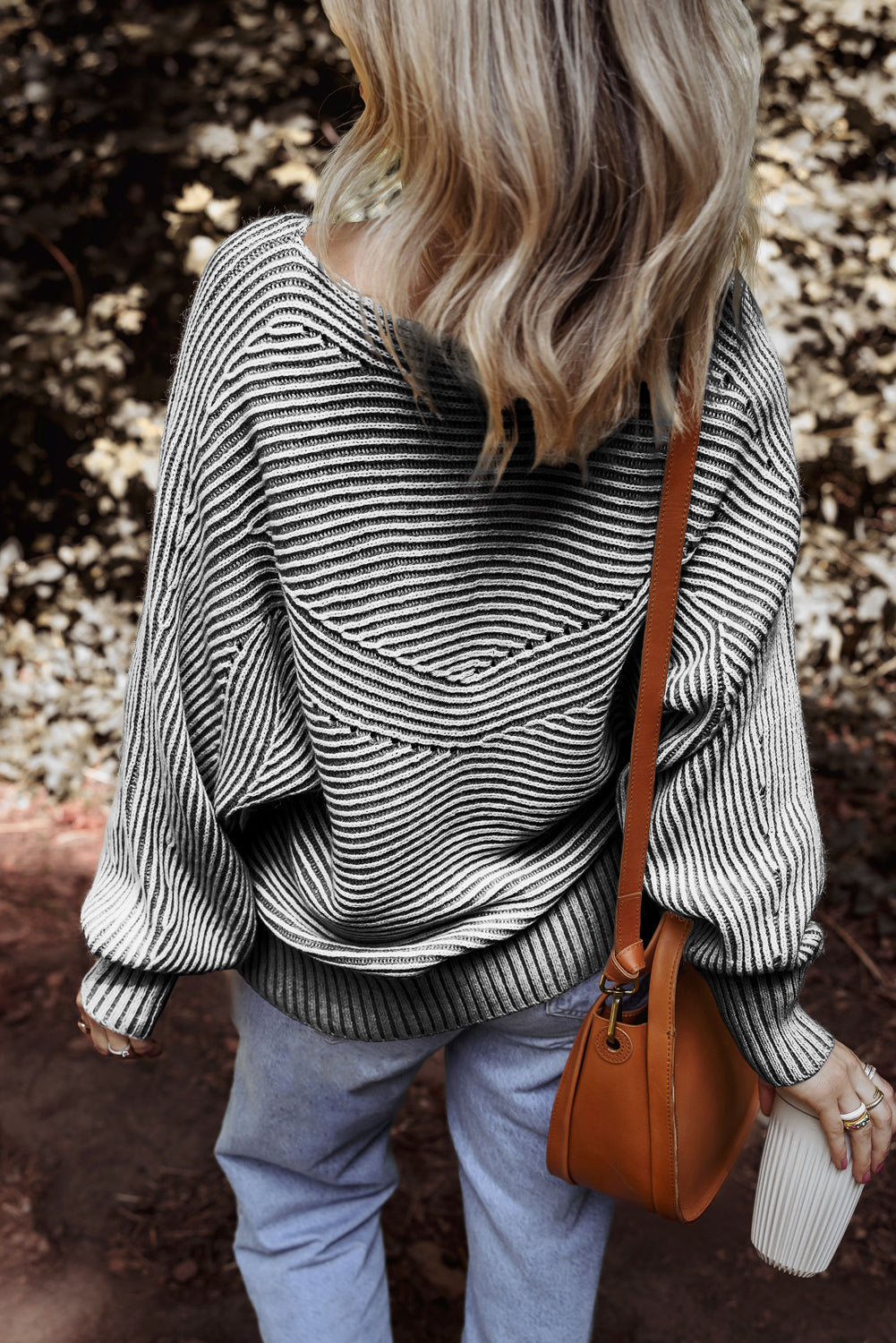 Black Striped Print Ribbed Knit Boat Neck Baggy Sweater