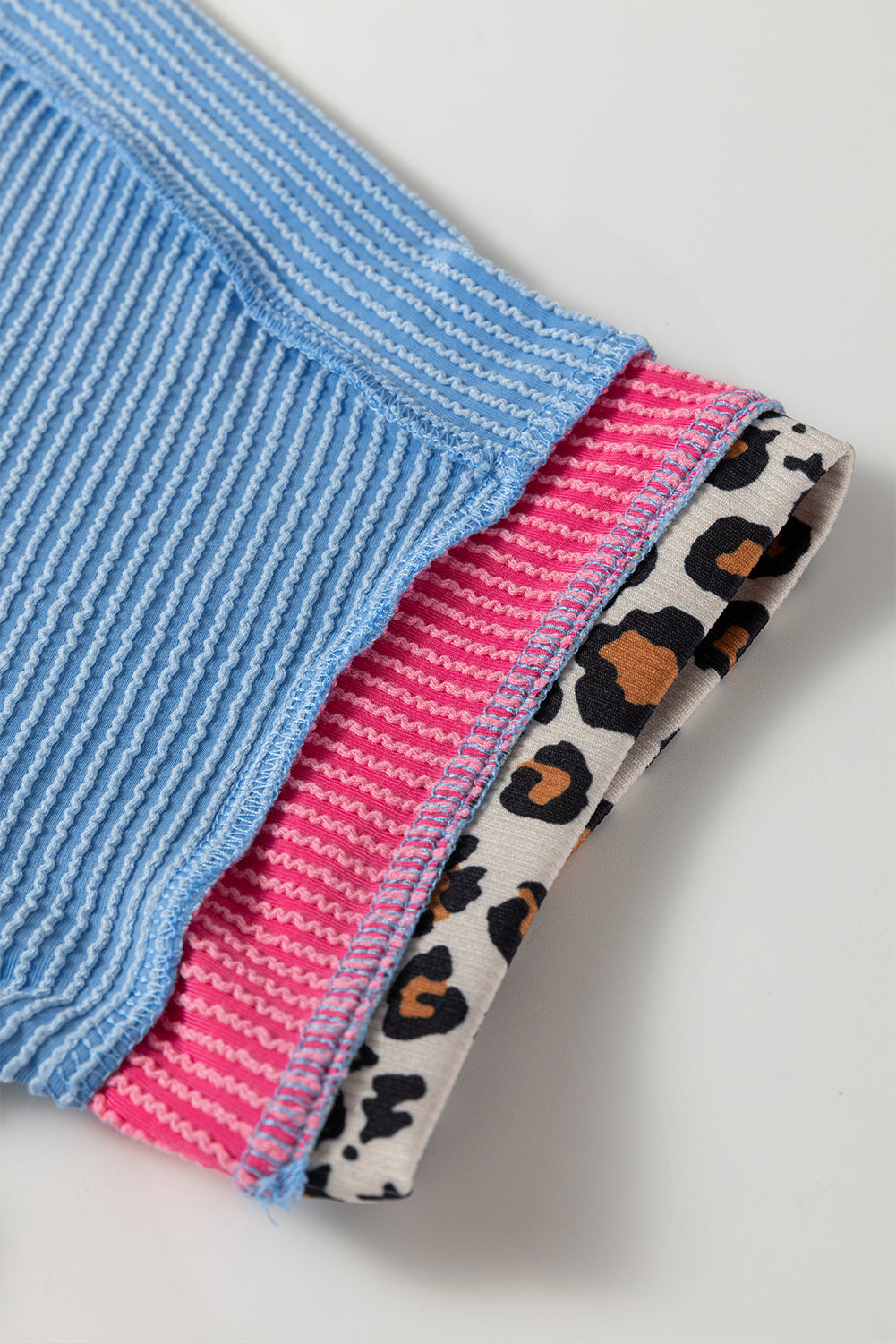 Sky Blue Leopard Patchwork Corded Knit Crew Neck T Shirt