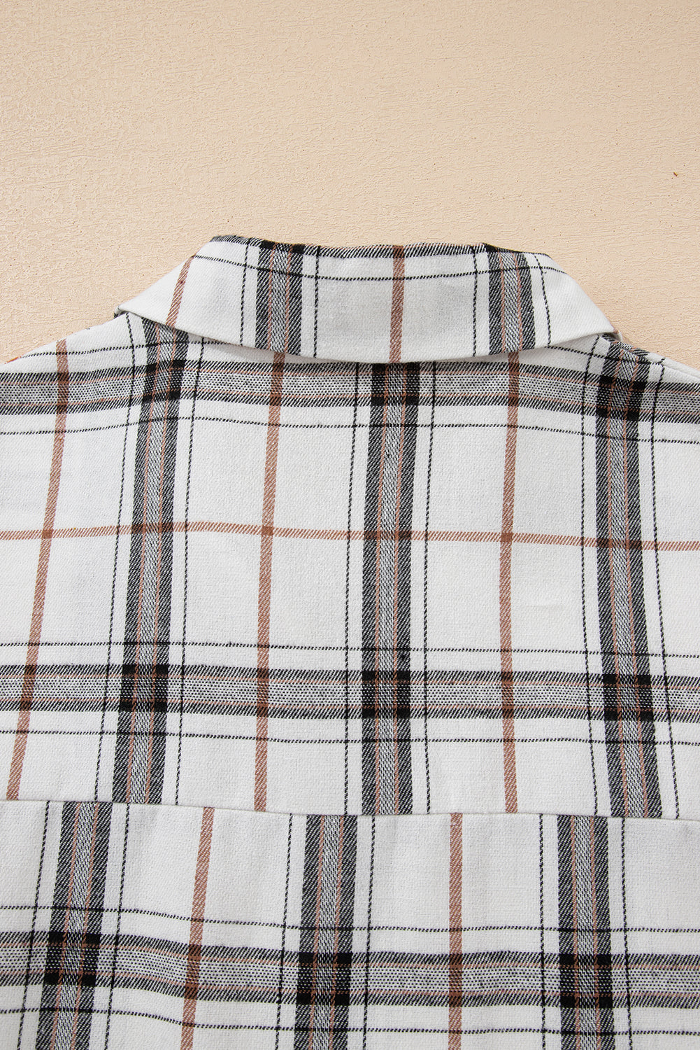 White Plaid Print Collared V Neck Loose Blouse with Side Slits