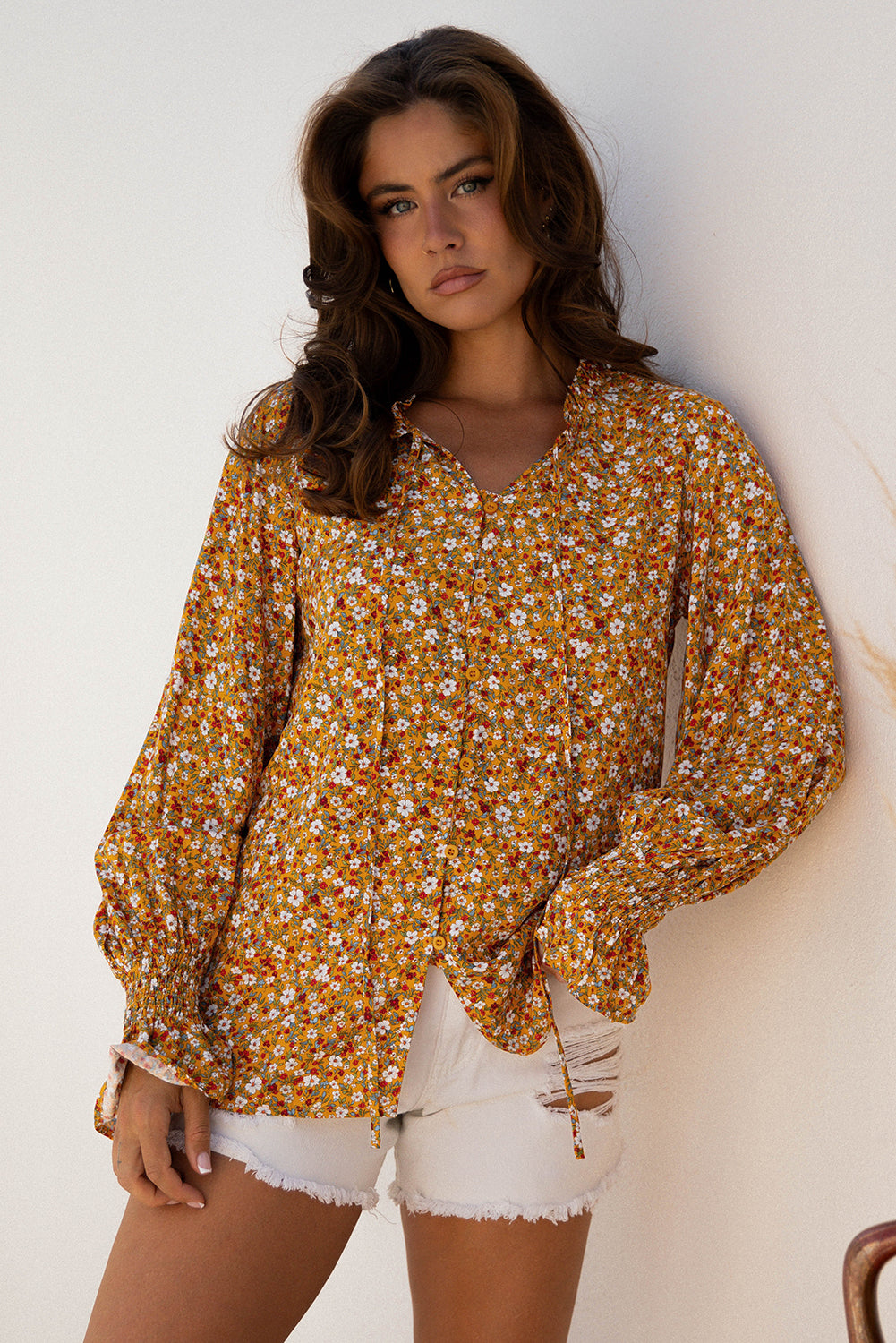 Orange Boho Floral Ruffled Bubble Sleeve V Neck Fall Blouse