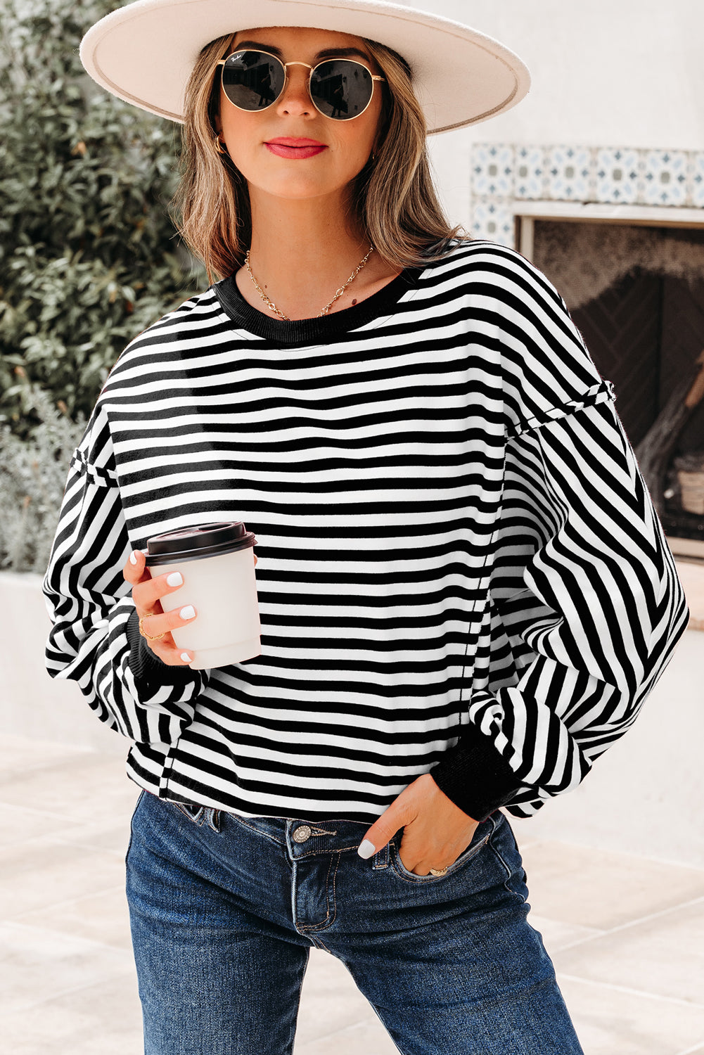 Black Stripe Exposed Seam Drop Shoulder Casual Pullover Top