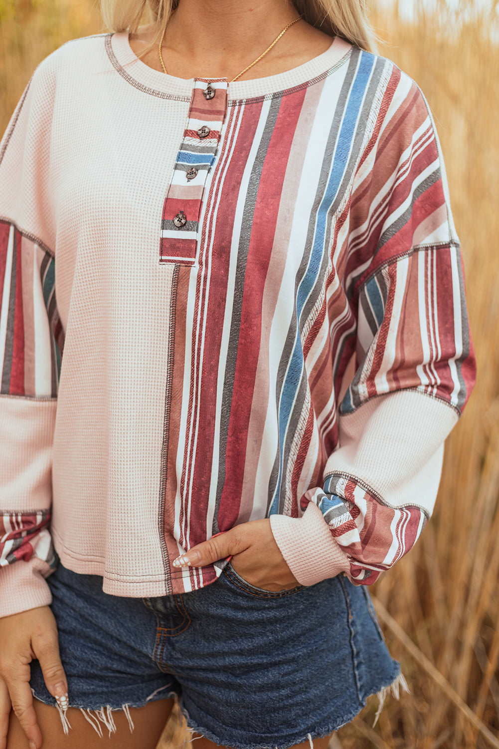 Beige Striped Waffle Patchwork Exposed Seam Raw Edge Casual Knit Top