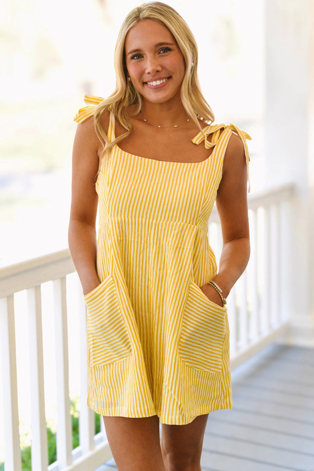 Yellow Stripe Shoulder Tie Smocked Back Wide Leg Casual Romper