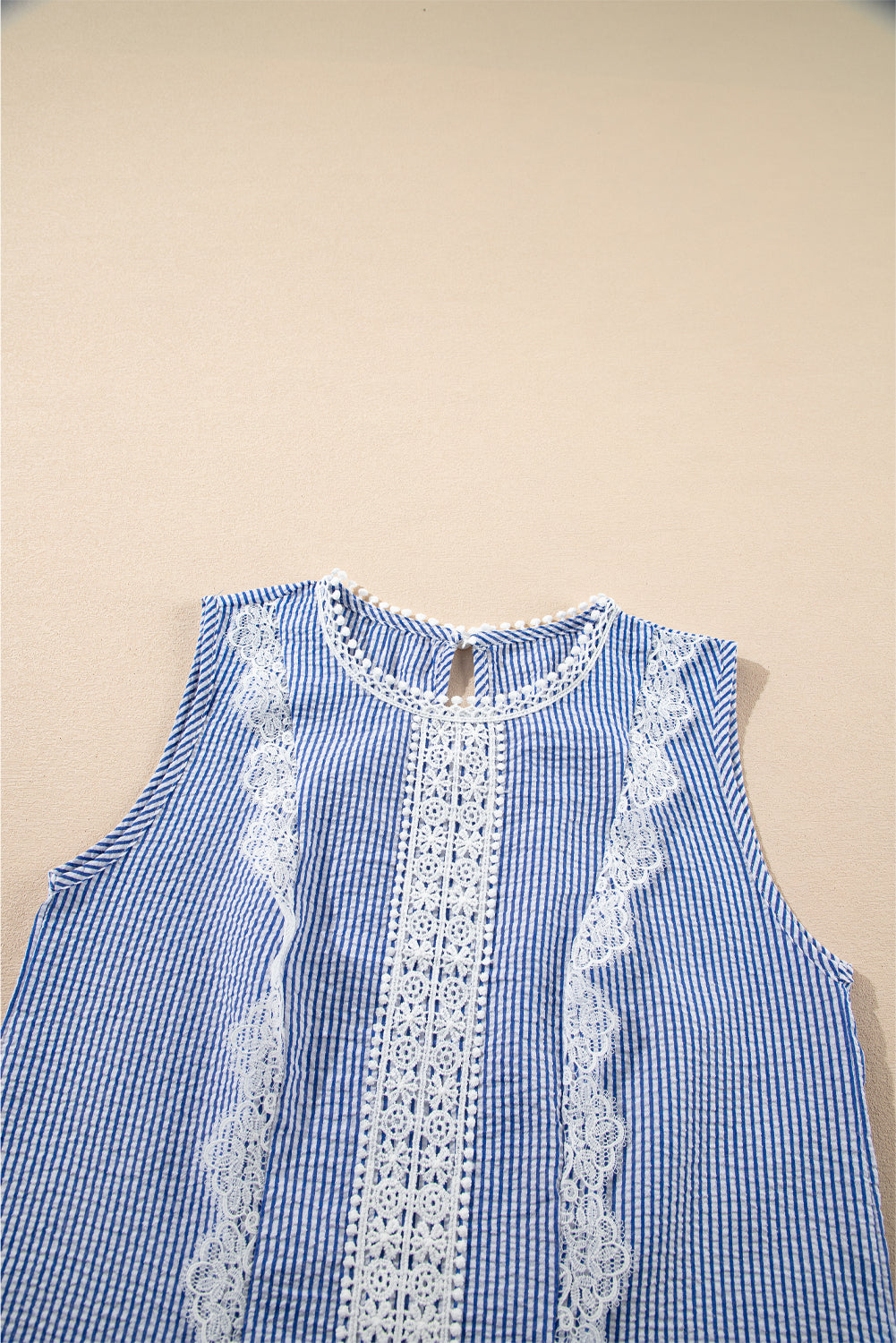 Sky Blue Stripe Lace Patchwork Crew Neck Tank Top