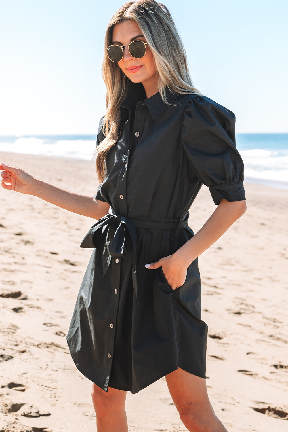Black Button Up Tie Waist Puff Sleeve Mini Dress