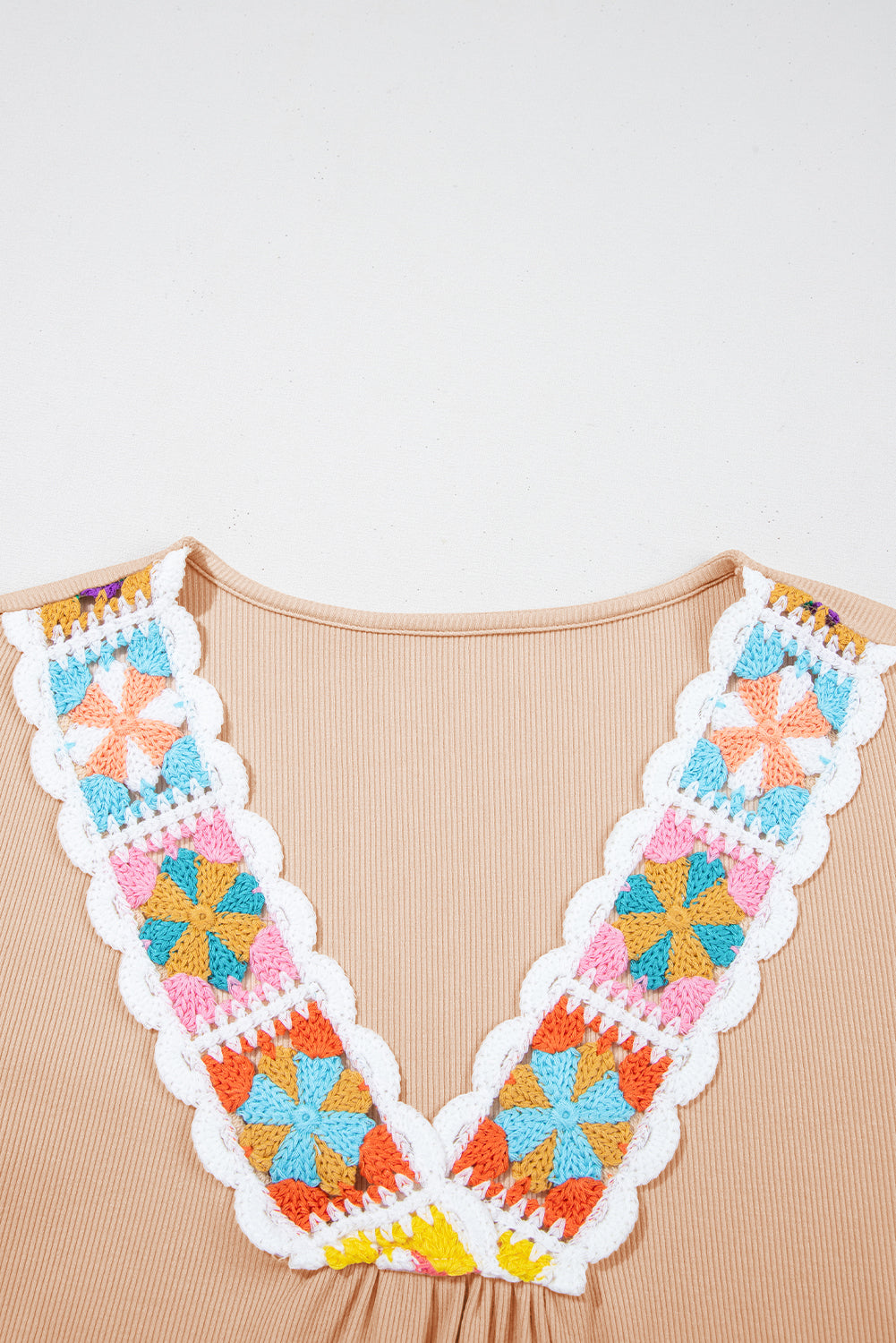 Pale Chestnut Crochet Floral V Neck Textured Short Sleeve Blouse