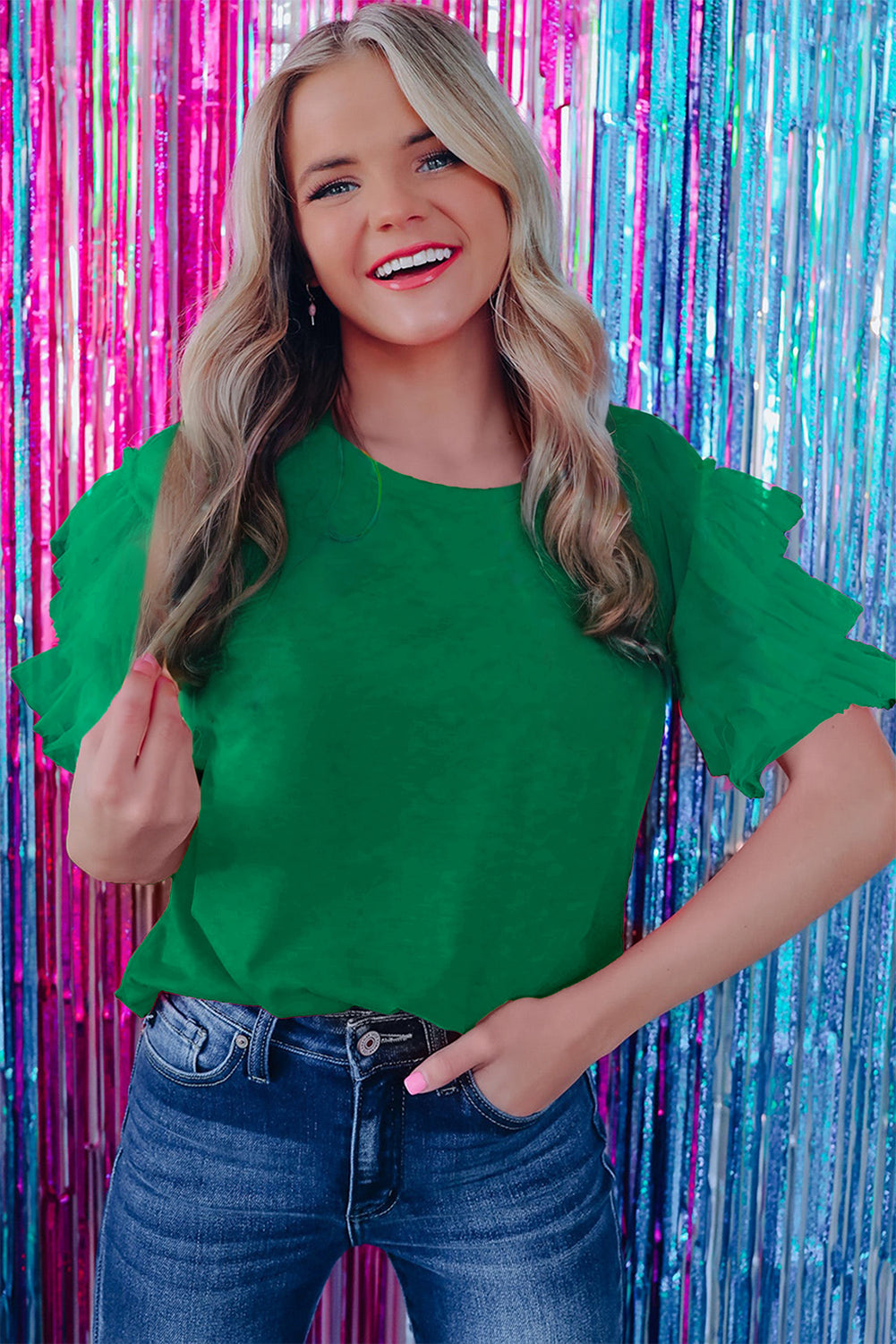 Dark Green Tulle Ruffle Sleeve Blouse