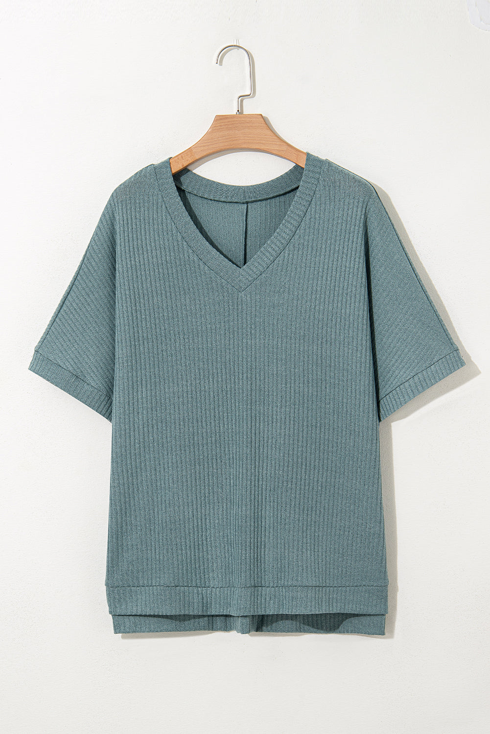 Moonlight Jade Oversized Ribbed Knit V Neck Dolman Short Sleeve Top