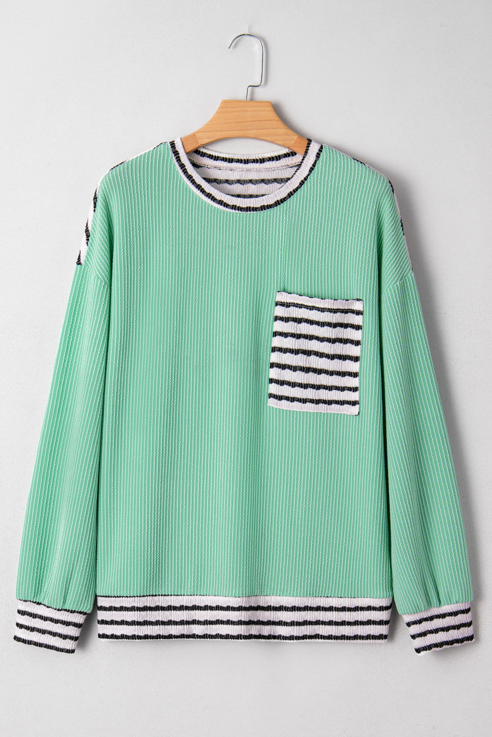 Sea Green Twisted Ribbed Contrast Round Neck Striped Patchwork Long Sleeve Top