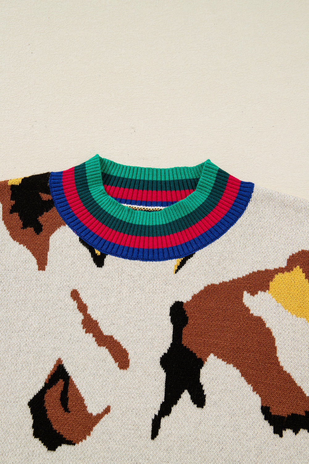 Apricot Contrast Ribbed Stripes Detail Animal Pattern Knit Sweater