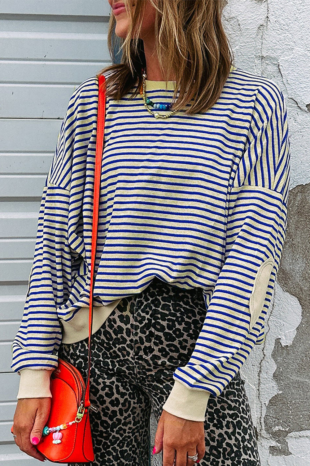 Blue Stripe Textured Elbow Patched Crew Neck Drop Shoulder Sweatshirt