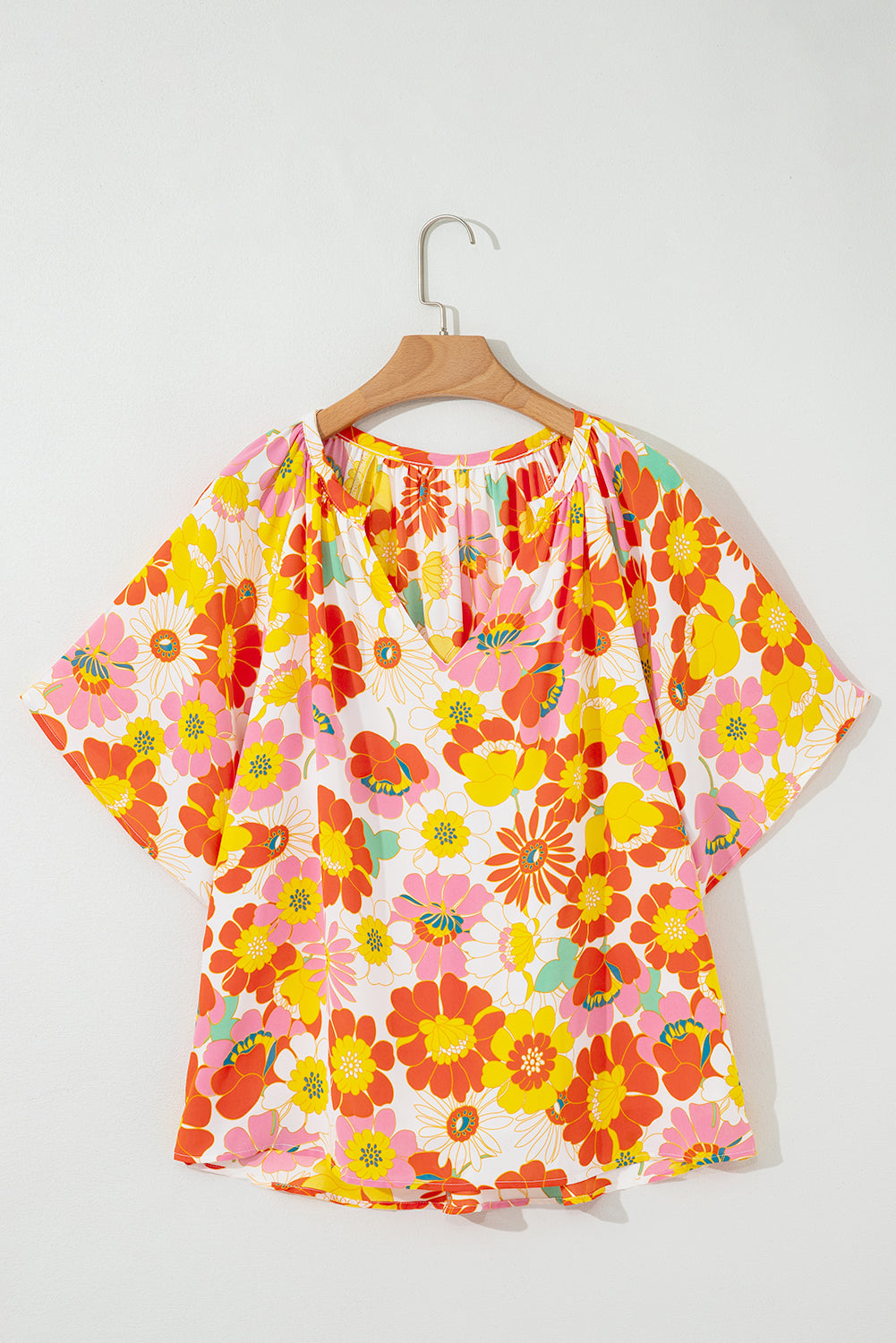 Orange Abstract Print V Neck Half Sleeve Blouse