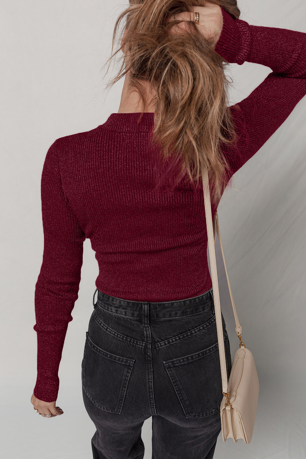 Red Dahlia Metal Ribbed Knit Long Sleeve Slim Fit Top