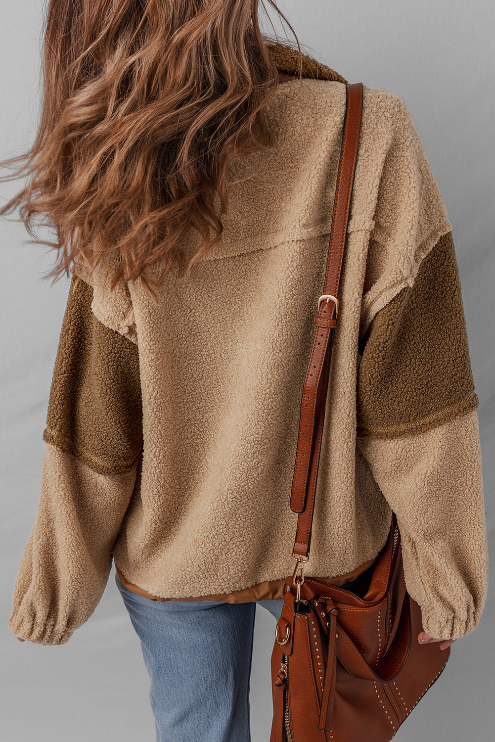 Straw Yellow 2-tone Color Block Patchwork Half Button Sherpa Sweatshirt