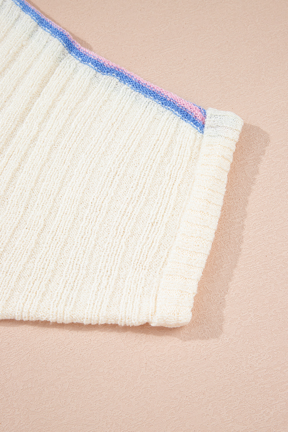 White Striped V Neck Dolman Sleeve Rib Knit Oversized Sweater with Slits