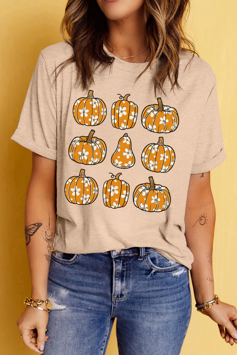 Khaki Floral Pumpkin Print Casual T Shirt