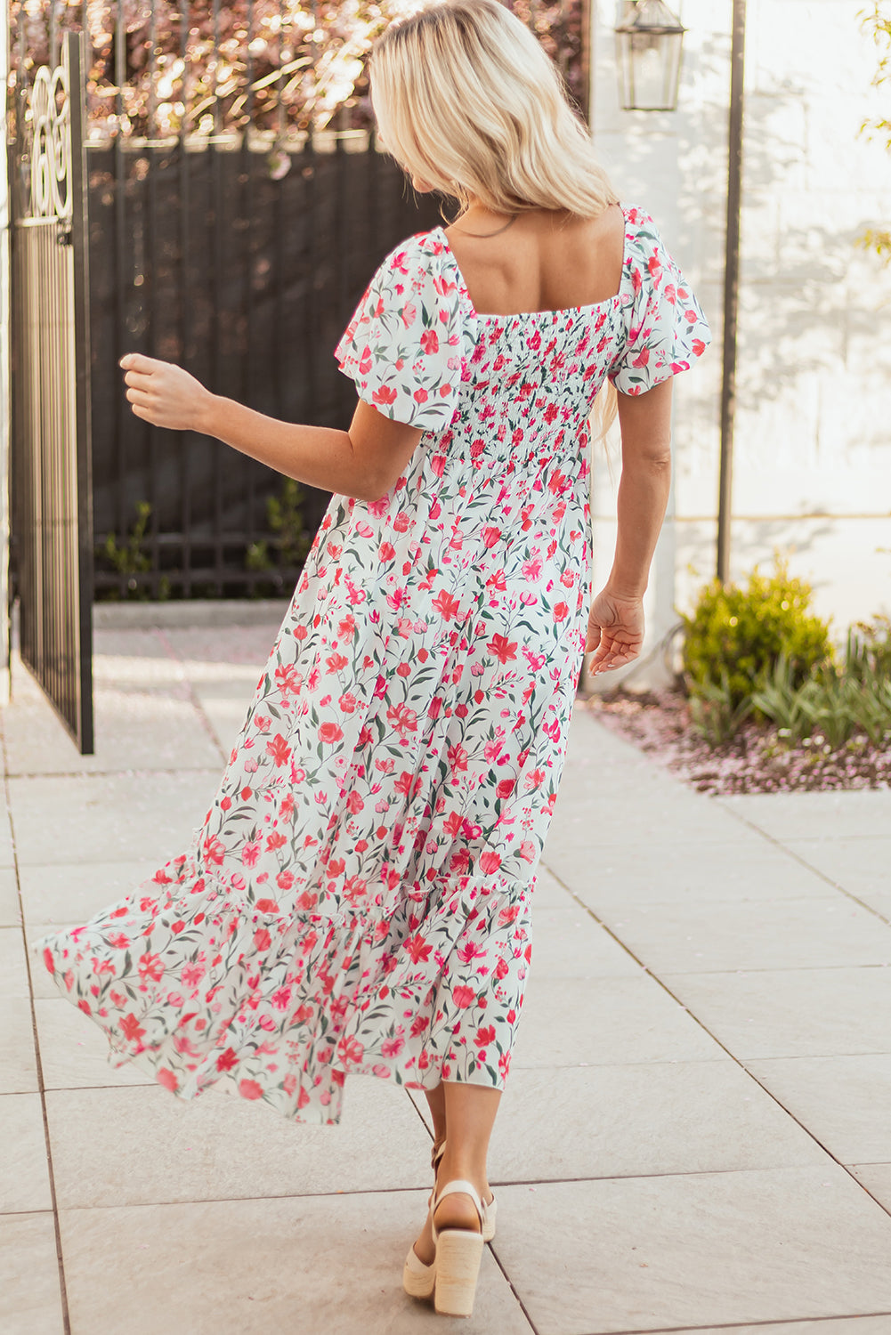 Pink Floral Puff Sleeve Square Neck Empire Waist Tiered Maxi Dress