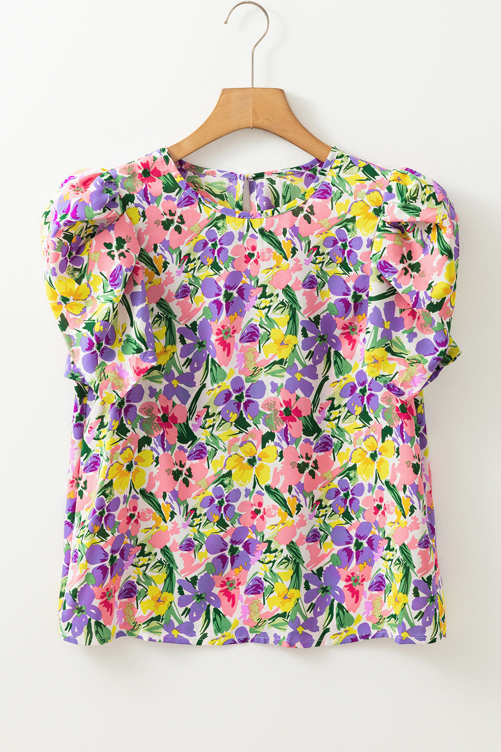Purple Floral Print Puff Short Sleeve Crew Neck Blouse