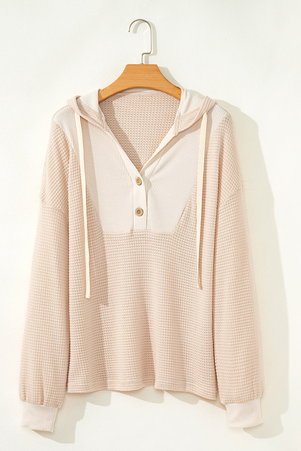 Oatmeal Waffle Patchwork Drop Shoulder Hooded Long Sleeve Top