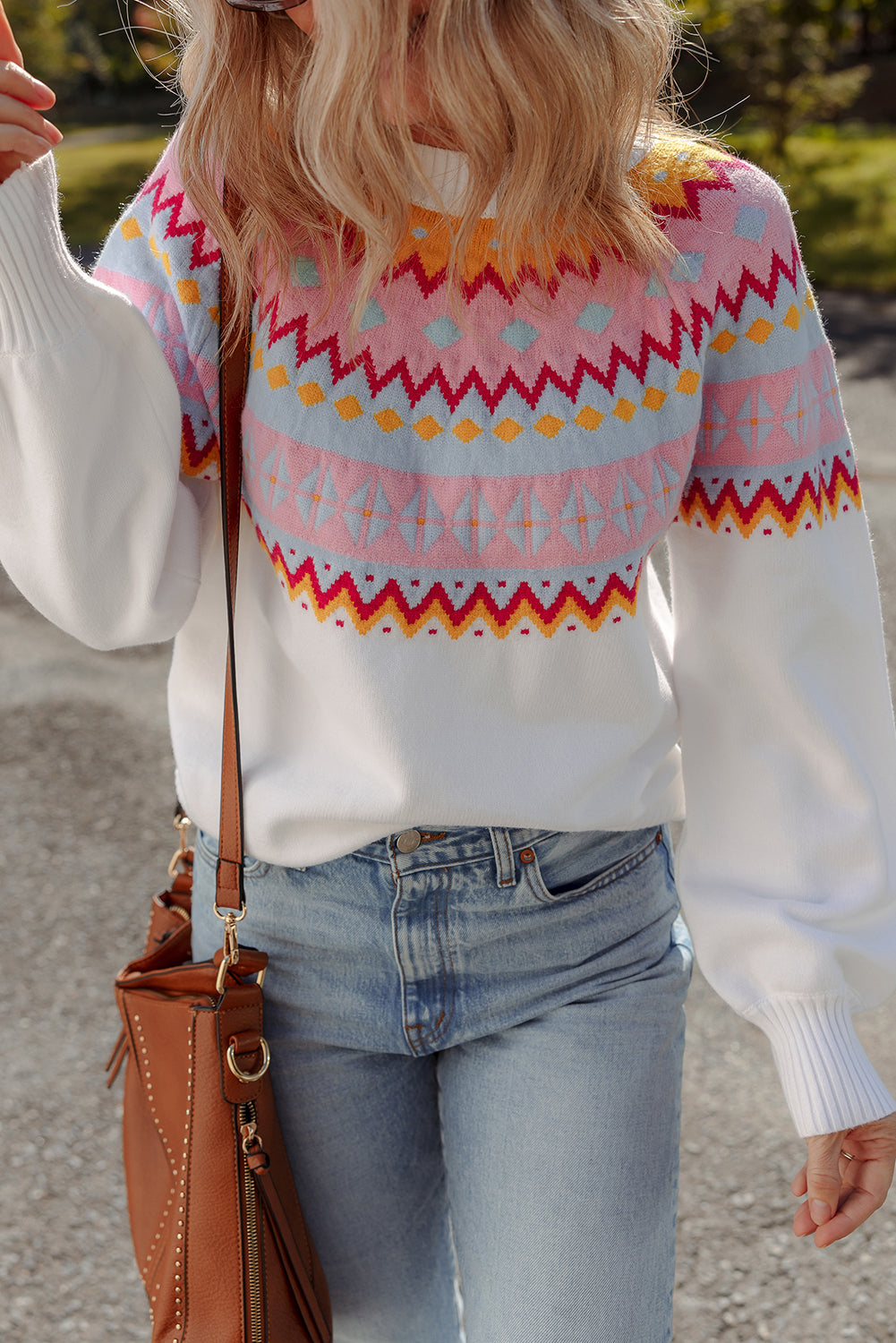 White Ethnic Geometric Colorblock Print Drop Shoulder Sweater