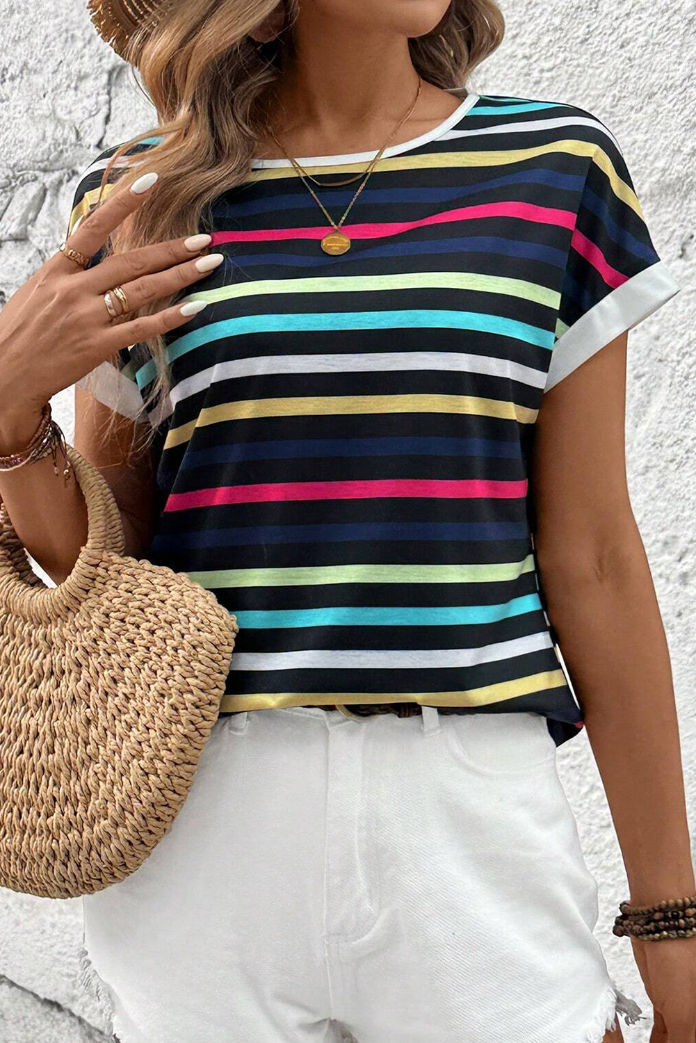Black Stripe Multicolor Contrast Edge Crew Neck T Shirt