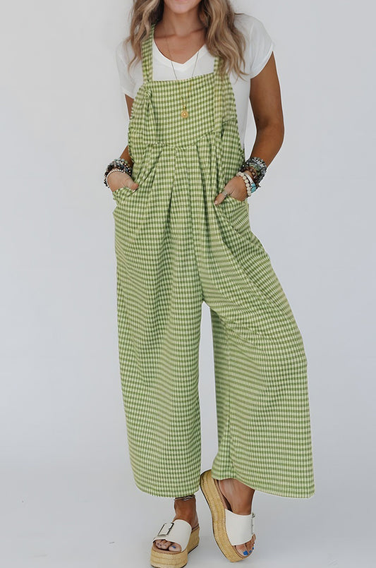 Green Gingham Wide Leg Loose Overall with Pockets