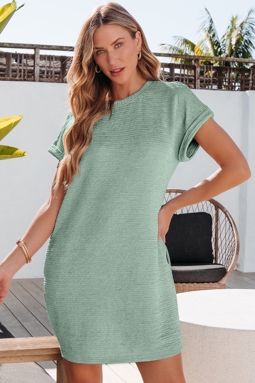 Grass Green Solid Color Textured Crinkle Short Sleeve T Shirt Dress
