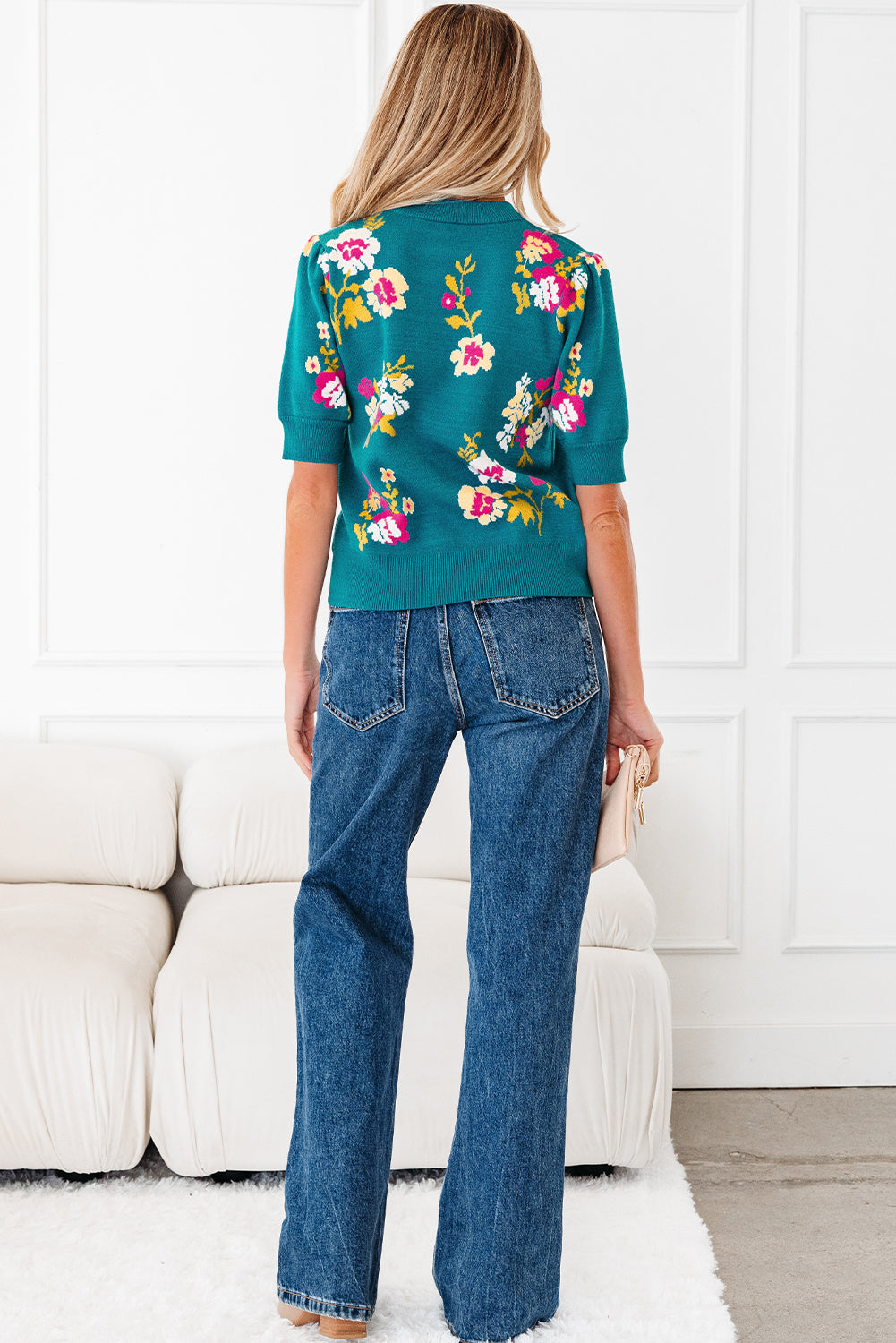 Blue Flower Pattern Mock Neck Short Sleeve Knitted T Shirt