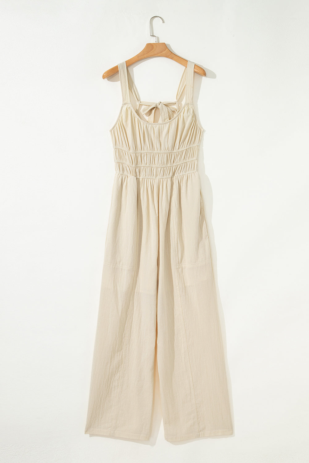 Beige Ruched High Waist Sleeveless Wide Leg Jumpsuit