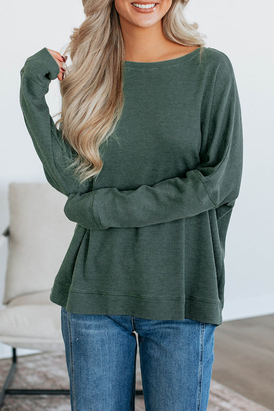 Mist Green Waffle Knit Patchwork Long Sleeve Loose Top