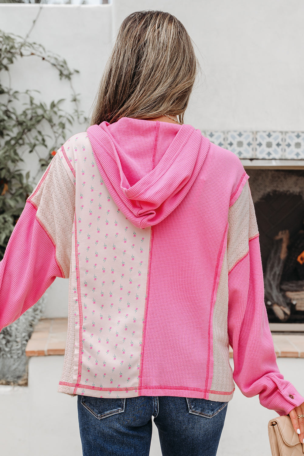 Pink Mixed Texture Waffle Floral Patchwork Hooded Oversize Pullover