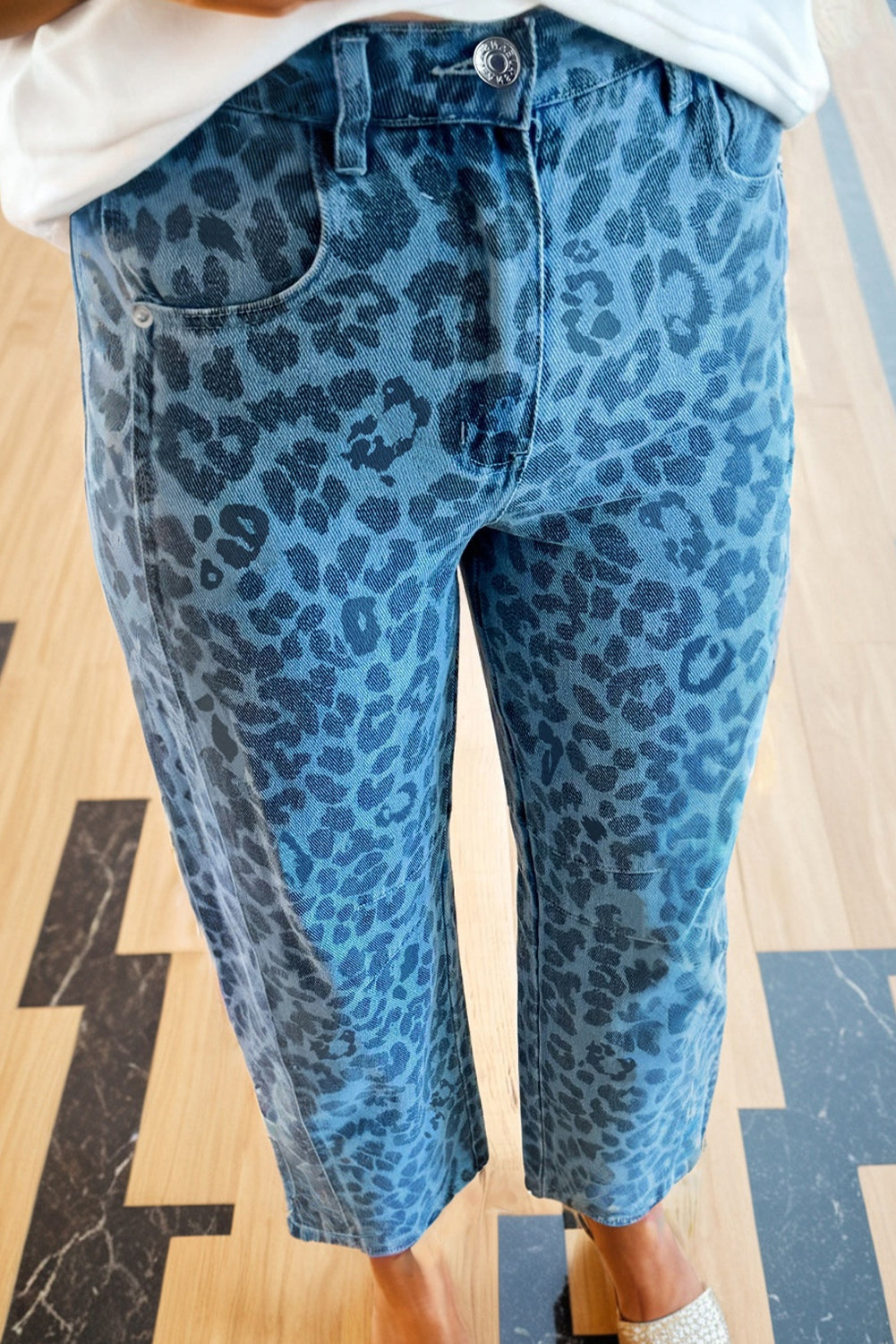 Sky Blue Leopard Print Straight Loose Jeans