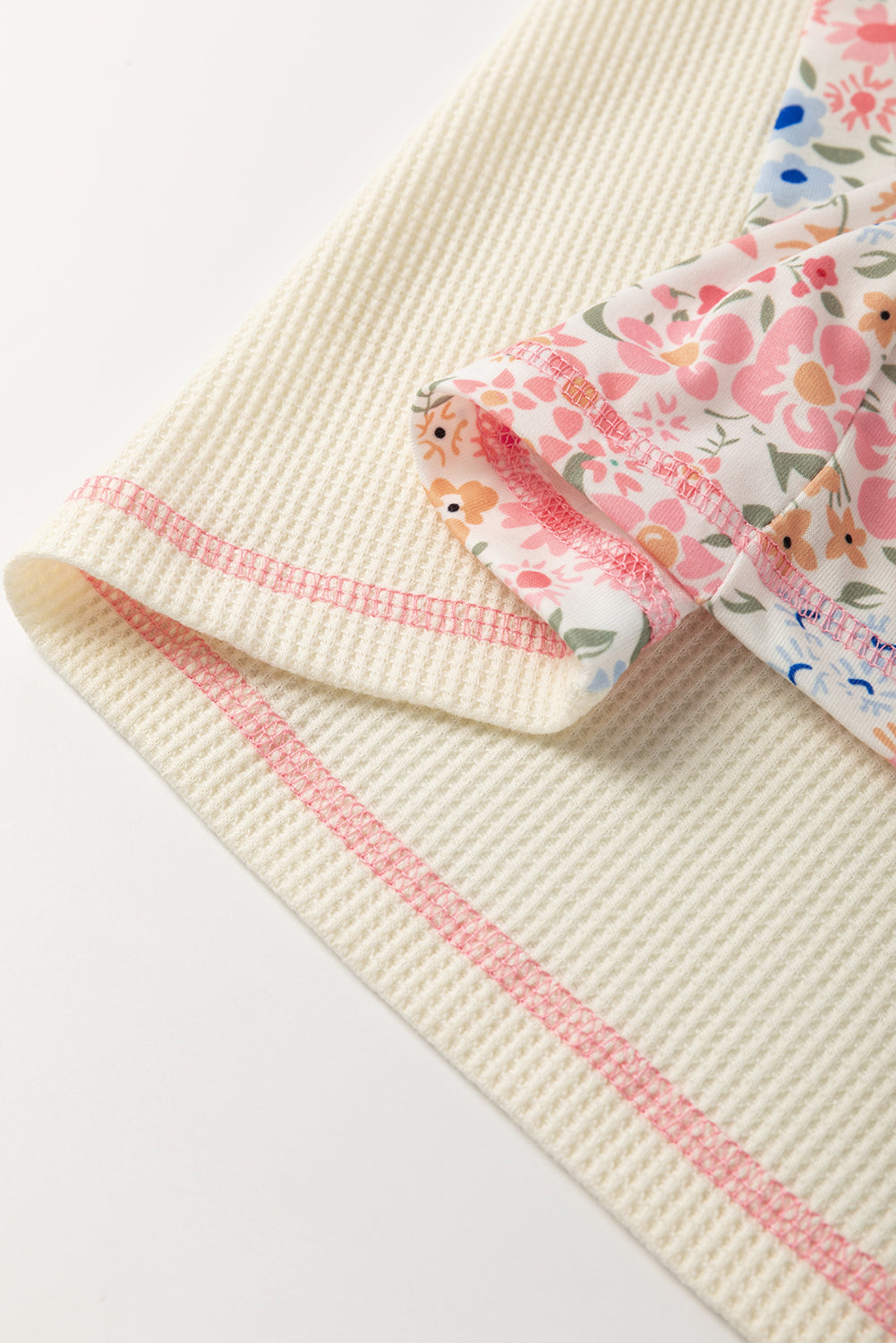 Beige Floral Patchwork Chest Pocket Wide Sleeve Waffle T Shirt