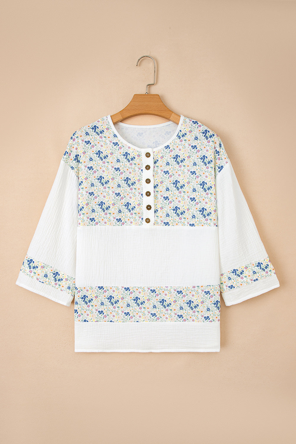 Sky Blue Floral Print Gauze Patchwork Henley Button 3/4 Sleeve Blouse