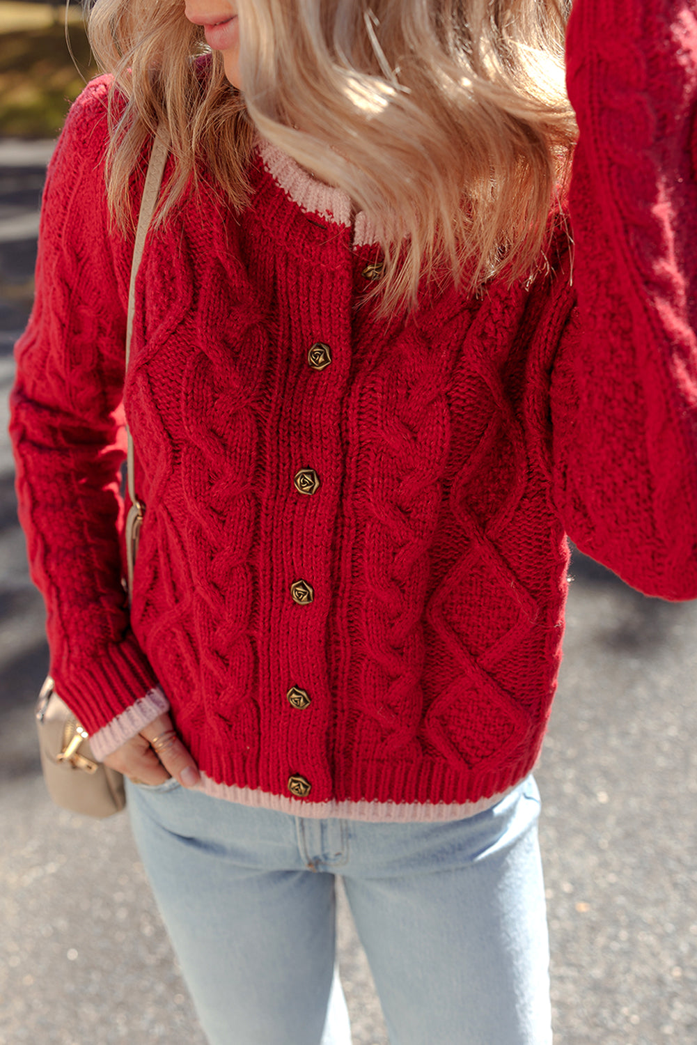 Racing Red Color Contrast Edge Cable Knit Buttoned Cardigan