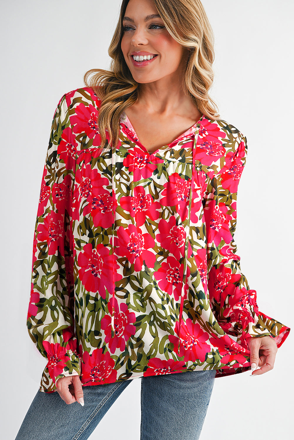 Red Floral Print Lace up V Neck Flounce Sleeve Blouse
