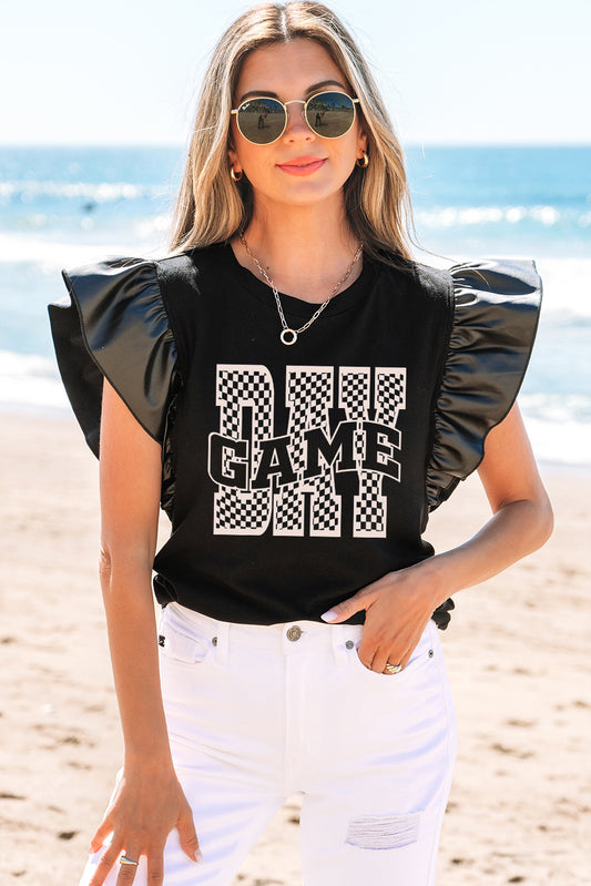 Black GAME DAY Checkered Letter Graphic Leatherette Ruffle Sleeve Top