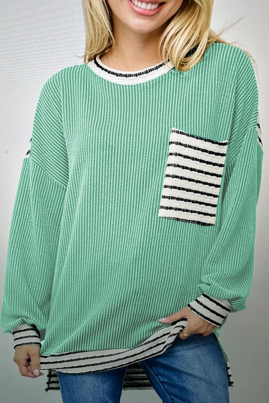 Sea Green Twisted Ribbed Contrast Round Neck Striped Patchwork Long Sleeve Top