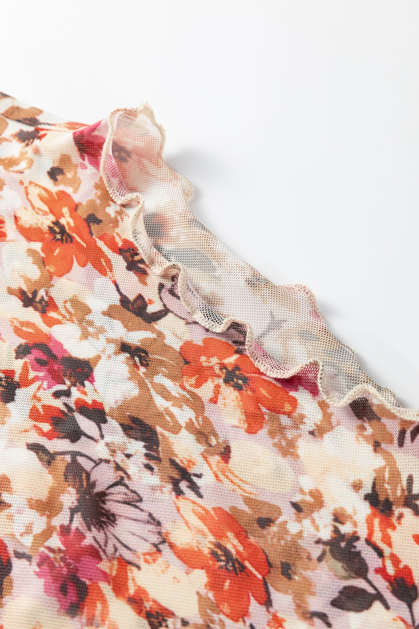 Red Lettuce Trim Floral Print Mesh Long Sleeve Top