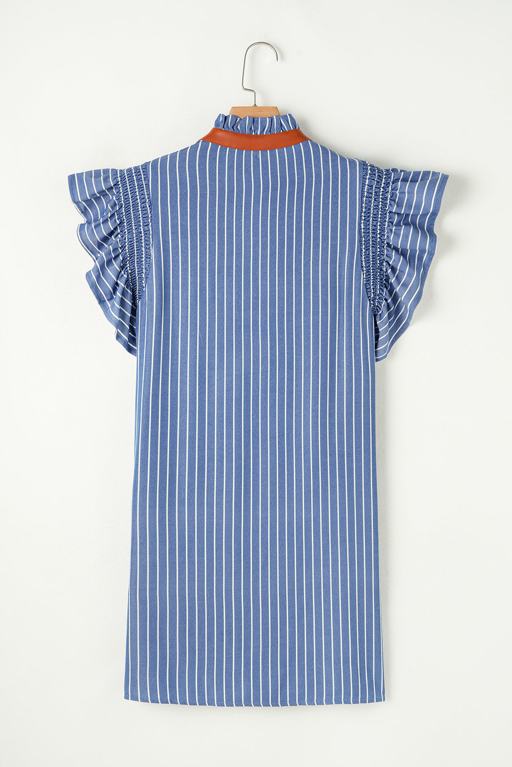 Sky Blue Stripe Frilly Split Neck Shirred Ruffle Sleeve Short Shift Dress