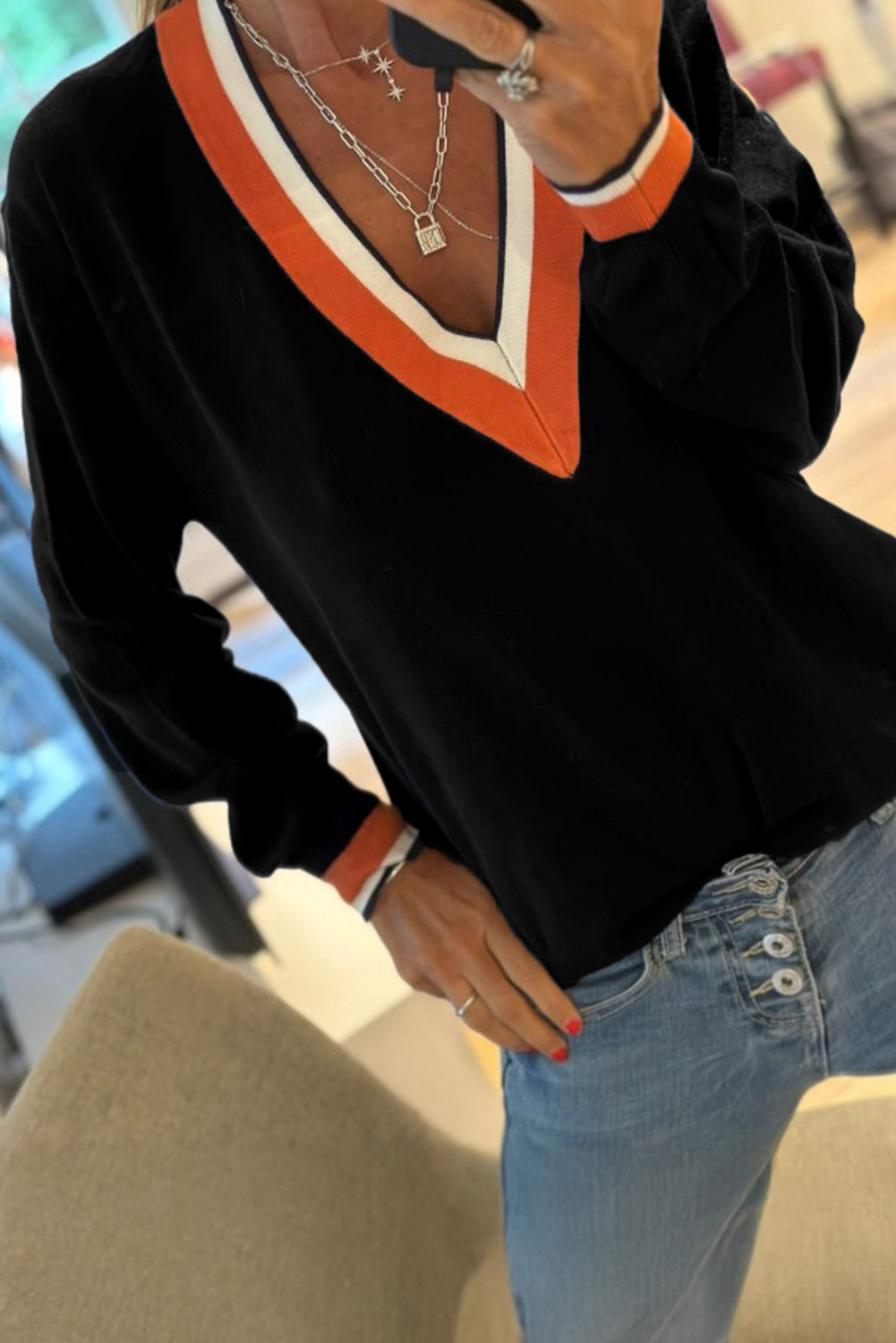 Black Contrast Striped Trim V Neck Varsity Sweater